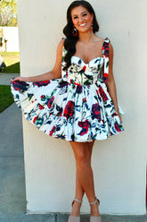 Misshow White A Line Ruffled Homecoming Dress/Mini Dress With Printed Flower